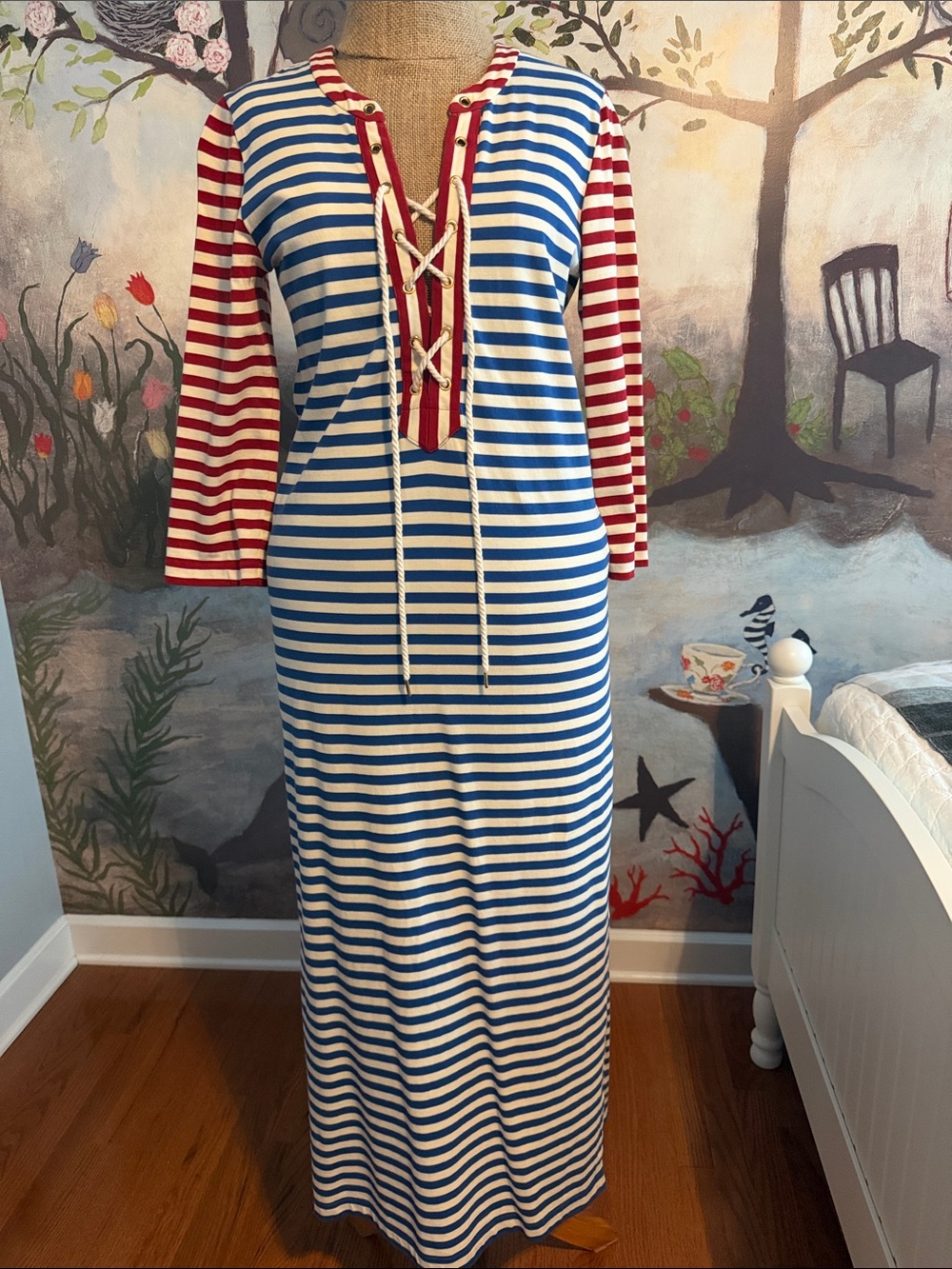 J. Crew Red, Blue and White Nautical Striped Midi Dress with lace up front